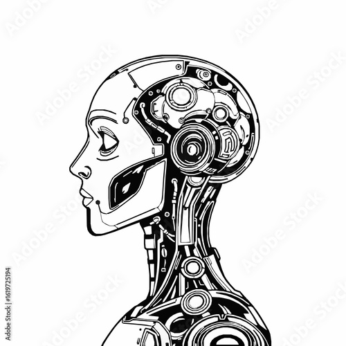 Black and white illustration of a cyborg woman's head and neck in profile robot android