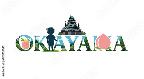 Okayama Japan logo City with castle, and Peach Boy illustration.