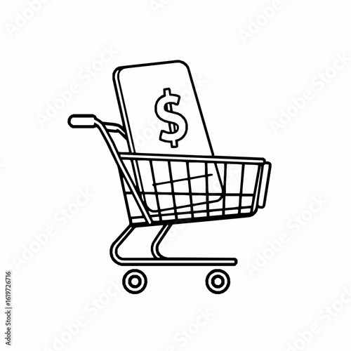 Shopping cart with dollar sign on white background line art trolley supermarket