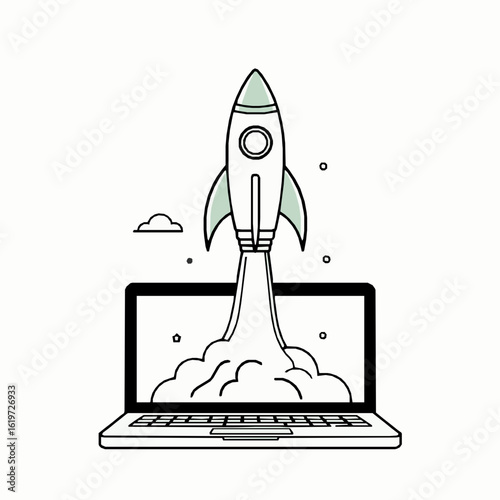 Rocket Launching from Laptop Screen with Smoke and Clouds computer