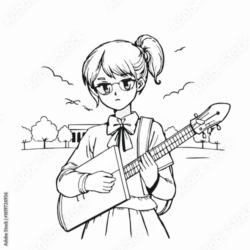 Anime girl with glasses playing balalaika outdoors line art vector