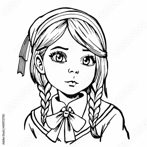 Black and white sketch of a young girl with braided hair and a bow child drawing