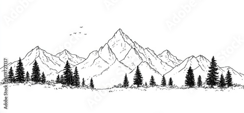 Black and white sketch of a mountain range with trees
