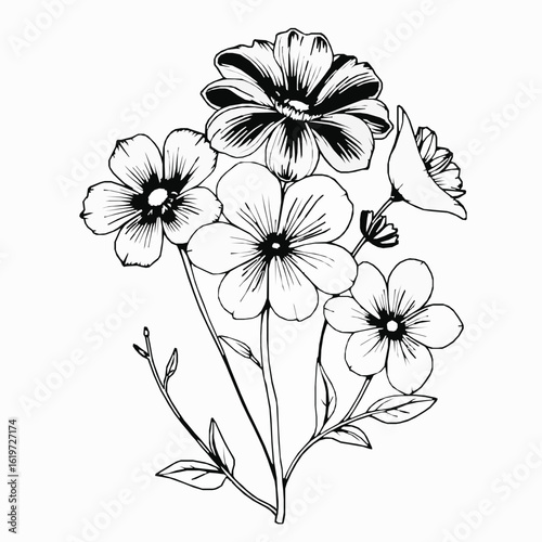 Black and white line drawing of a bouquet of five flowers floral bloom