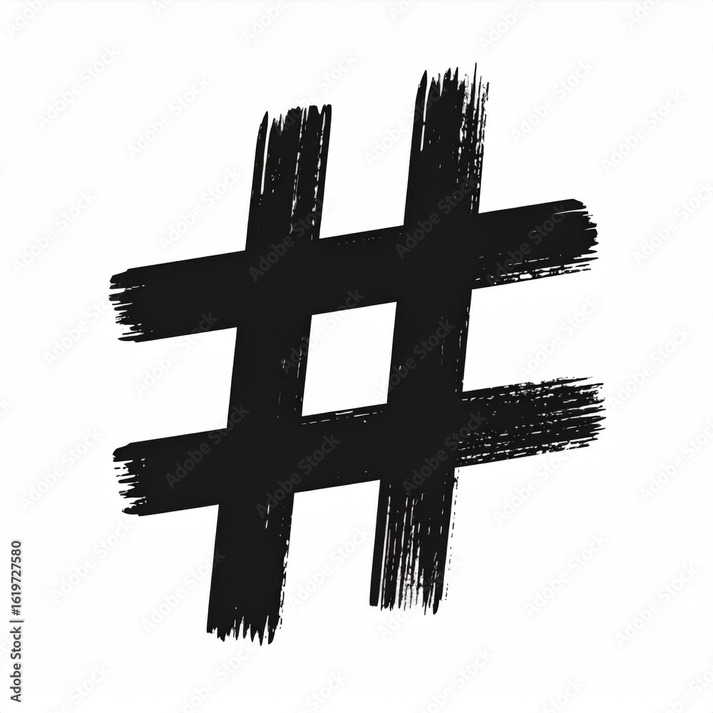 Obraz premium Black Hand Drawn Hashtag Symbol with Brush Stroke Texture on White Background