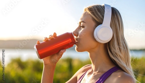 A young woman outdoors, listening to music and drinking a can of soda
