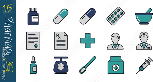 Pharmacy and healthcare line icon collection. Vector graphic set with medicine, pharmacist, and prescription symbols for web and mobile.