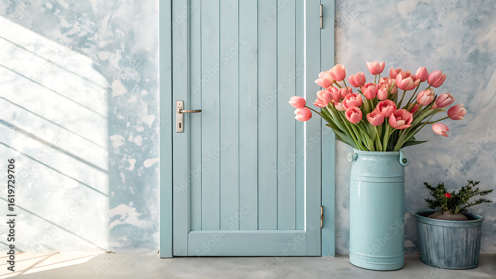 Fototapeta premium Soft pink tulips in a tall blue vase beside a light blue wooden door