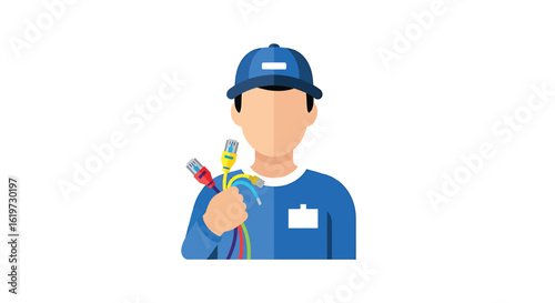 Professional technician character icon holding internet cables for network service