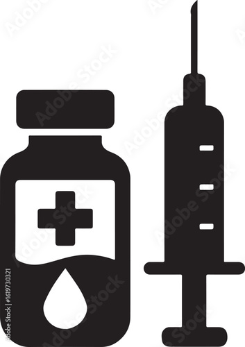 Silhouette vector EPS of a vaccine vial with needle, medical injection symbol, health and immunization.