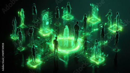 Diverse Group of Individuals Standing Together in Front of an Illuminating Green Light Creating a Dynamic and Engaging Scene of Unity and Togetherness