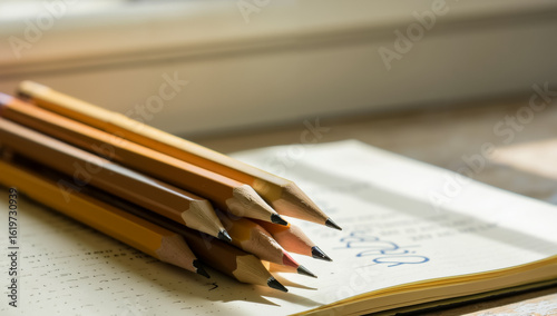 Sharpened pencils lie across an open dotted notebook with handwritten notes, illuminated by soft window light. Perfect for illustrating studying, writing, planning, journaling or back to school concep