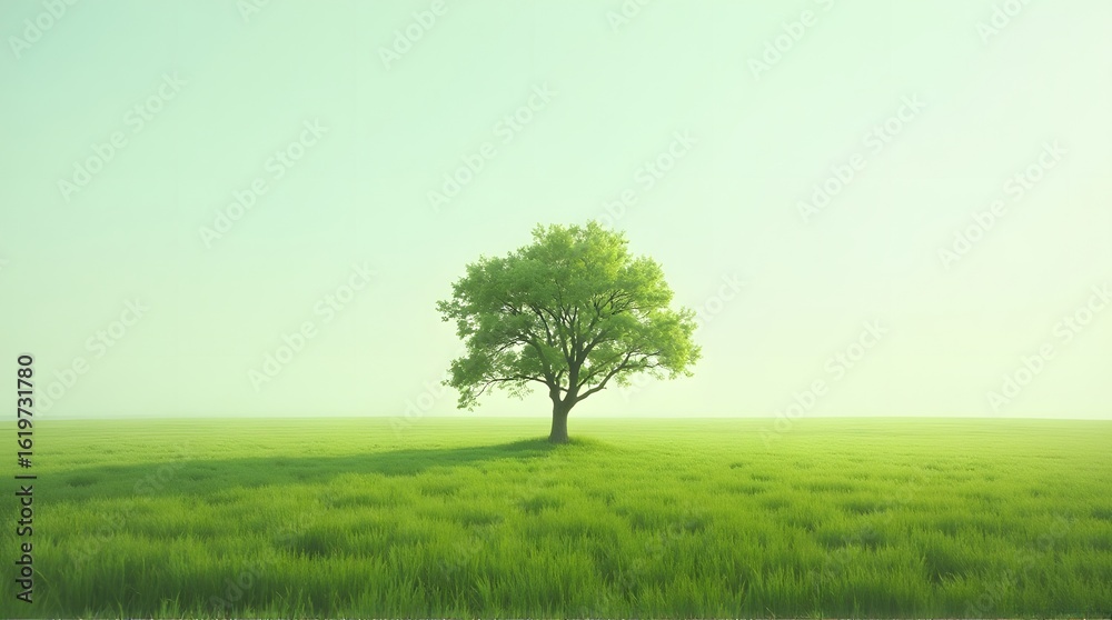 Obraz premium Solitary Green Tree Stands Tall in Vast, Lush Meadow Under Soft, Hazy Sky