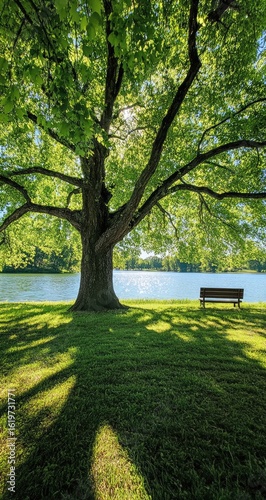 Lush green tree casts long shadows on a grassy park beside a placid lake