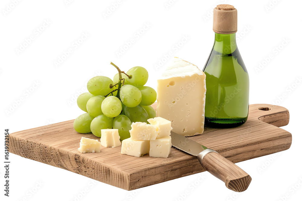 Naklejka premium A serving of cheese, fresh grapes, and a bottle of olive oil on a wooden cutting board.