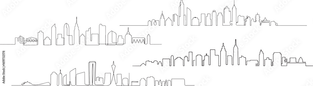 Fototapeta premium Minimalist line drawing depicting multiple city skylines against a white background landscape view