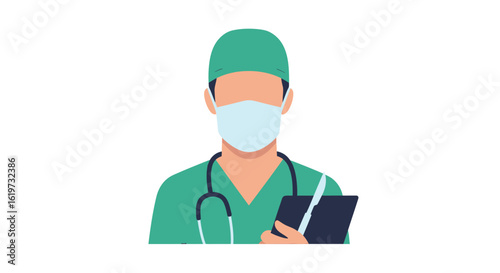 Stylized illustration of a doctor wearing a surgical mask and scrubs, holding a clipboard.