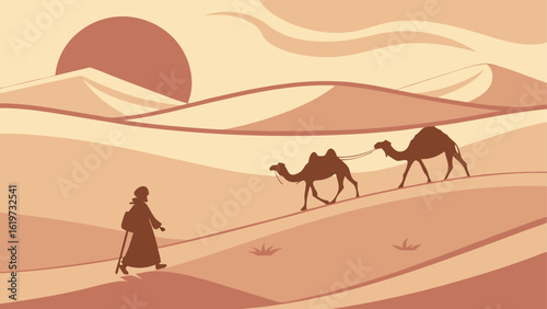 Serene Desert Landscape: Silhouette of Traveler with Camels at Sunset, Minimalist Style, Peaceful Mood, Warm Tones,  Sand Dunes,  Spiritual Journey,  Adventure Theme,  Stock Image.