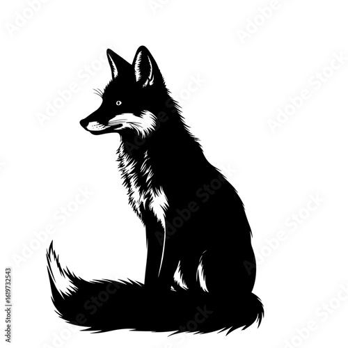 Fox with a long tail, black and white sketch. Vector illustration. A predatory forest animal, isolated on a white background.