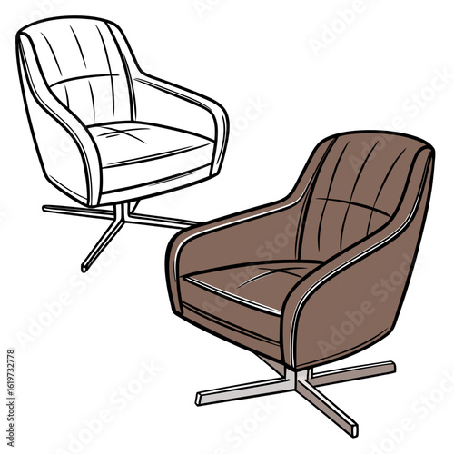 Two modern swivel chairs one in color and one in outline on a white background
