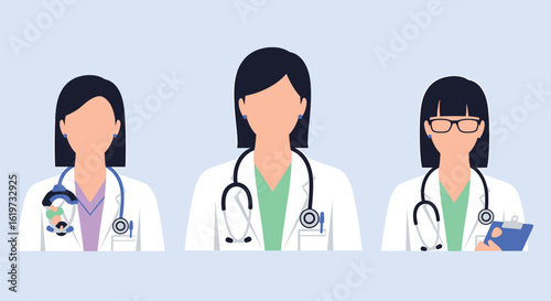 Group of female doctor characters with stethoscopes. Medical team vector illustration.
