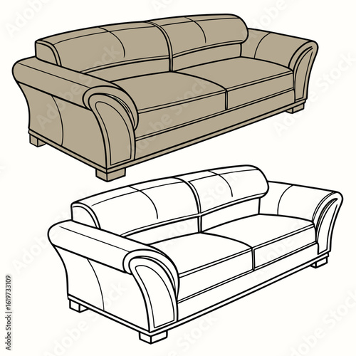 Classic two seater sofa in tan color and outline drawing