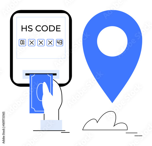 Hand inserting money into transactional interface with displayed HS Code. Large geolocation marker and cloud detail. Ideal for e-commerce, shipping, trade, customs, payment systems, logistics, flat
