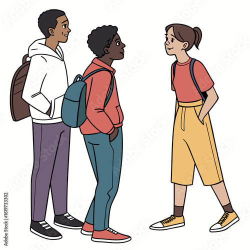 Three diverse young students with backpacks engaged in conversation outdoors