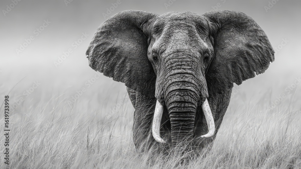 Naklejka premium A majestic elephant stands proudly in a serene landscape, showcasing its grandeur.