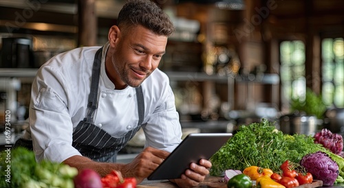 A chef using an iPad to customize the customer's order in line with smart kitchen equipment, while fresh ingredients and vegetables rest on stainless steel surfaces