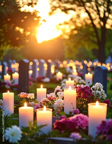 Sunset illuminates candles and flowers adorning graves in a cemetery