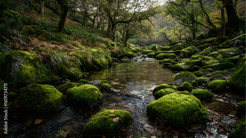 Lush Mossy Stones Line Woodland Stream
