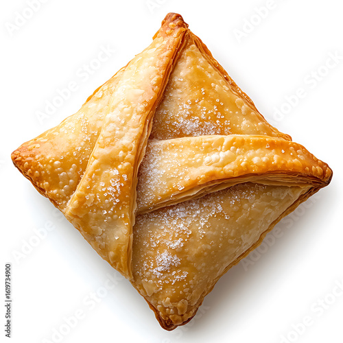 Golden, flaky pastry with a triangular shape, likely a samosa or turnover