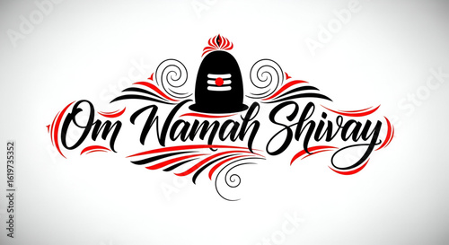 Elegant calligraphy artwork of Om Namah Shivay mantra with Shivling and decorative swirls in red and black style for Hindu spiritual poster and religious product print use