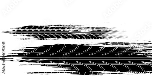 Tire tread marks, wheel textures, tire marks - car racing, motocross, drift, rally, off-road and others. Vector black isolated texture in grunge style with splashes.eps10