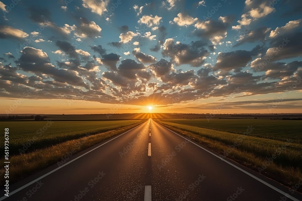 Naklejka premium Straight Asphalt Road Leading Directly Towards a Brilliant Sunset on the Horizon.