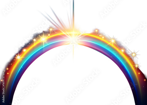 Vibrant rainbow arch with sparkling lights against a dark background