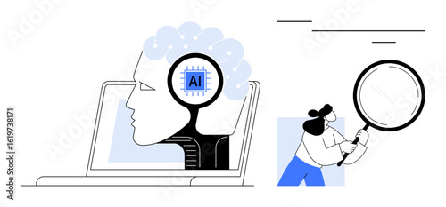 Human-thumbs up profile with AI chip inside emerges from laptop, researcher examines with magnifying glass. Ideal for artificial intelligence, technology, research, innovation, machine learning