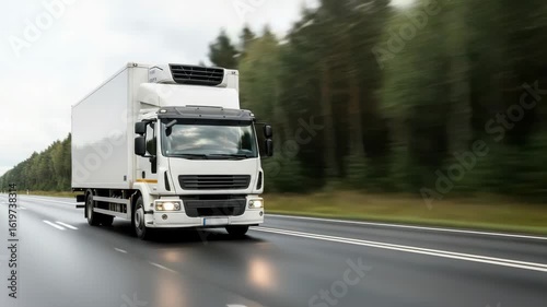 A white refrigerated truck drives down a wet highway, blurred trees in the background suggesting motion and speed