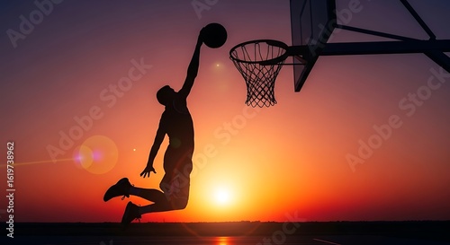 Silhouette of a basketball player dunking against a vibrant sunset sky in an inspiring display of athleticism and determination