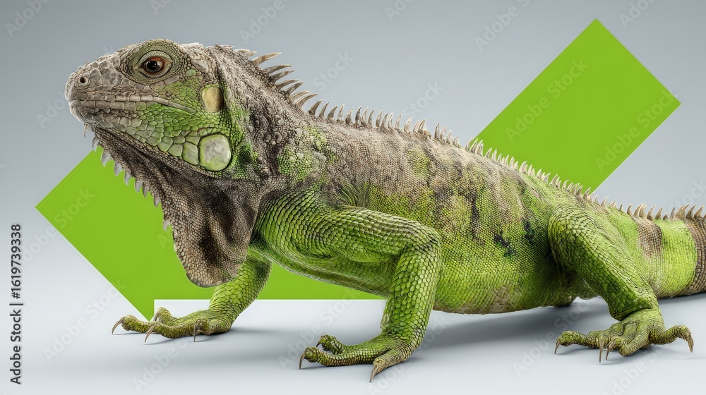 Fototapeta premium Close-up of a vibrant green iguana showcasing its detailed texture and lively demeanor.