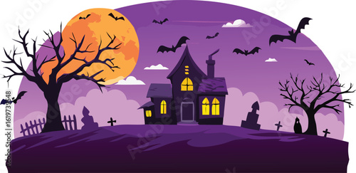 Spooky Halloween night with a haunted castle, silhouetted trees, and bats under an autumn moon