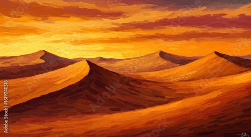 Sand Dunes Painting Under Orange Sky Desert Landscape