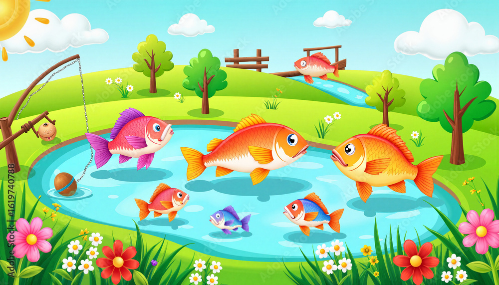 Obraz premium Colorful pond illustration depicting fish swimming in clean water, surrounded by vibrant greenery and blue skies. Pond illustration shows tranquil nature setting with fishing pole and cheerful sun.