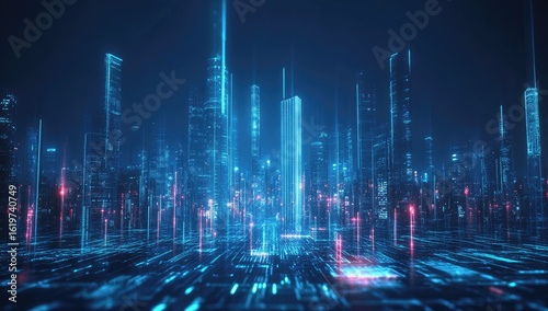 Futuristic digital city at night, glowing lines and structures