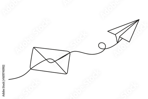 One line drawing paper plane flying from envelope minimalist mail delivery vector illustration