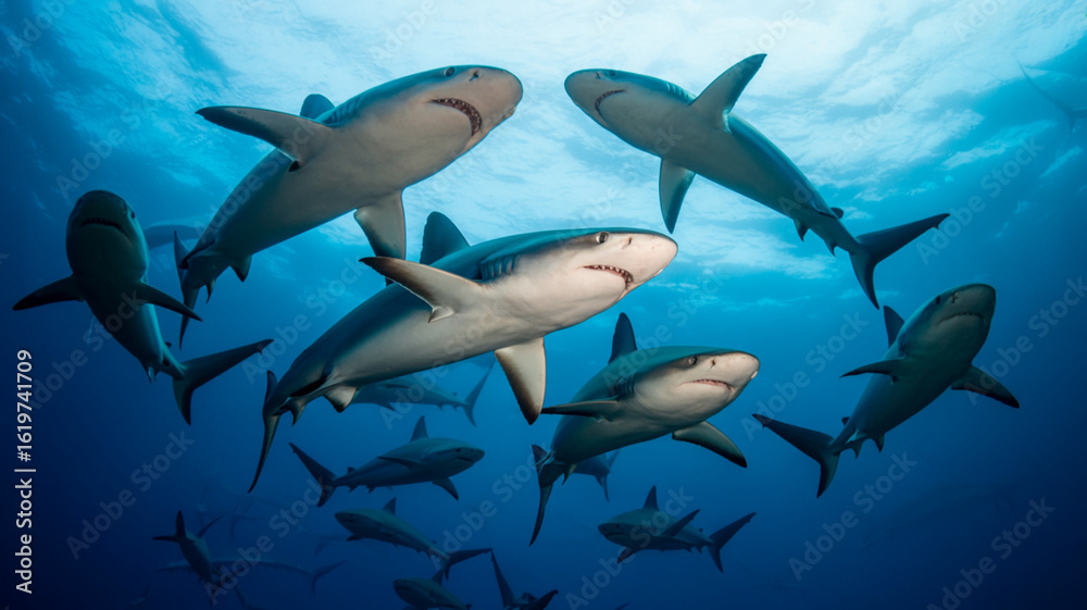 Obraz premium Majestic sharks swimming in a circular formation in the deep blue ocean, showcasing marine life, power, and grace, vibrant underwater wildlife scene with coral reef and open water ecosystem.