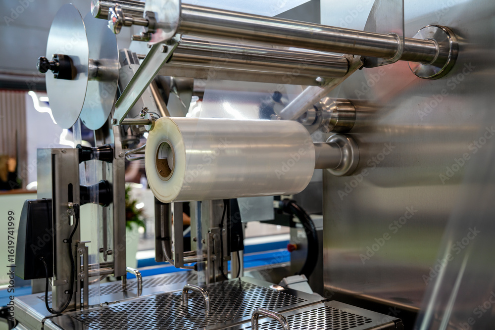 Fototapeta premium Packaging film roll on automated sealing equipment in food industry