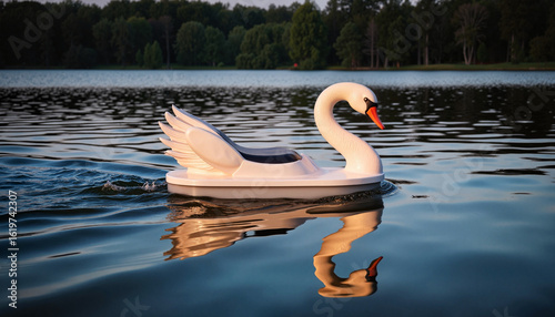 Swan pedal boat glides across tranquil lake surface, offering scenic ride. Swan pedal boat reflects in crystal-clear water near lush forest.