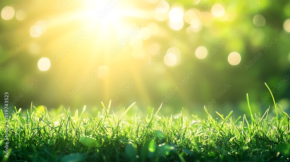 Fototapeta premium Sunlight shining through green grass creating a bokeh effect in the background on a sunny day